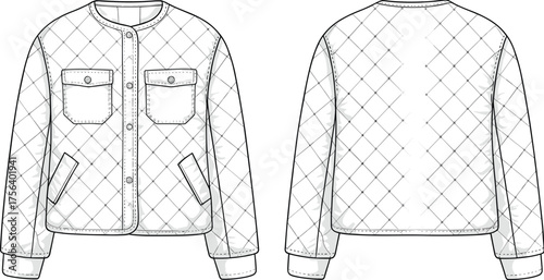 CAD drawing flat vector illustration of quilted jacket with round neck, flap pockets, rib cuffs, stylish winter outerwear sketch