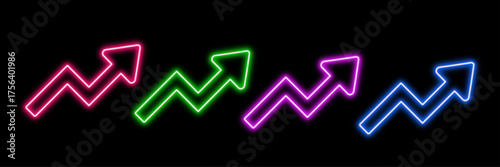 Neon glowing growth arrow vector icons set, business, financial, market, success, progress, rise, vibrant colorful digital design illustration on dark background. 