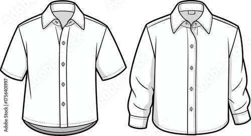 CAD drawing flat vector illustration of short sleeve and long sleeve shirts, front view, fashion technical sketch for design template