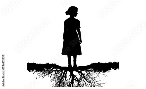 a silhouette of a girl standing on a tree branch with rootsblack, floor, girl, person, profile, puddle, root, stand, tree, tree root, trench coat, woman 