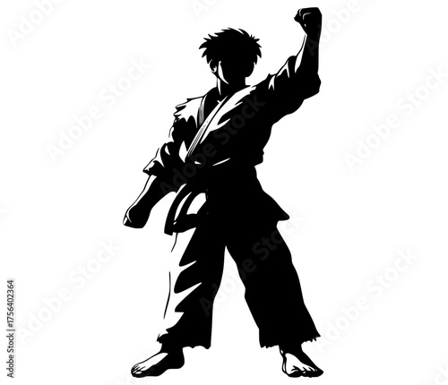 a silhouette of a martial arts fighter raising his fistart, belt, black, karate, kimono, man, martial, profile, samurai, sword 
