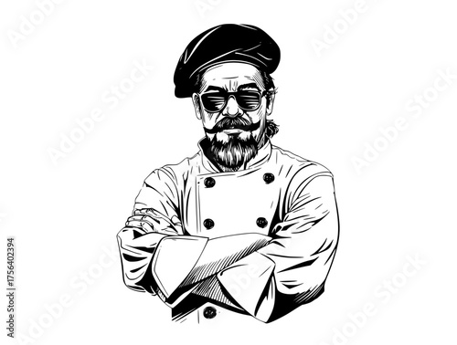a black and white illustration of a chef with a beret and sunglassesarm, art, beard, beret, chef, cross, goggles, illustration, man, wear 