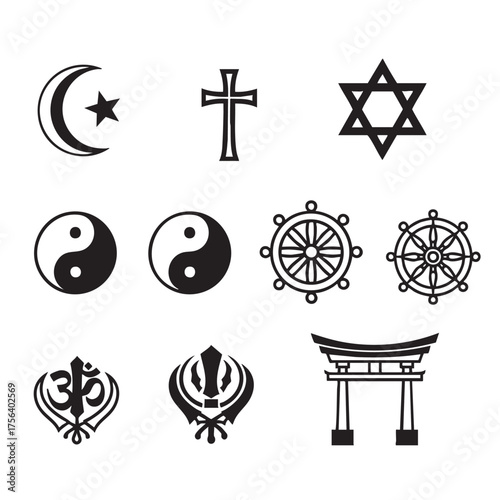 Wallpaper Mural Collection of black religious symbols including crescent star cross star of david yin yang dharma wheel om and torii gate Torontodigital.ca