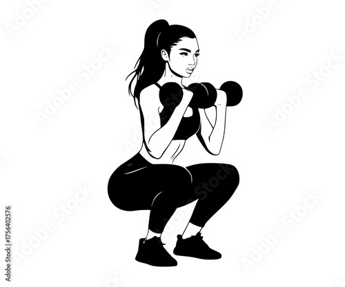 a woman performing squats with dumbbellsathletic, beautiful, black, dumbbell, exercise, girl, illustration, lift, muscle, profile, squat, stool, weight, woman 