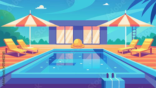 A brightly lit swimming pool with crystal clear water and lounge chairs on the deck.