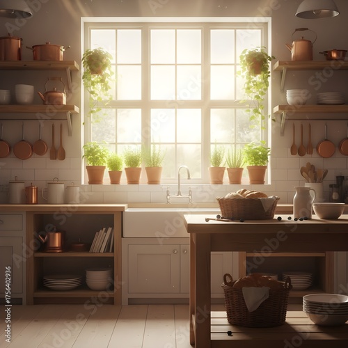 Rustic Kitchen with Natural Wood and Morning Sunlight