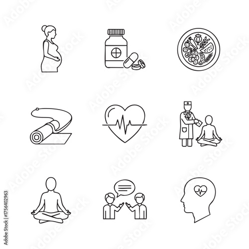 Wallpaper Mural Collection of line art icons representing health pregnancy medicine healthy food yoga doctor consultation and mental well being Torontodigital.ca