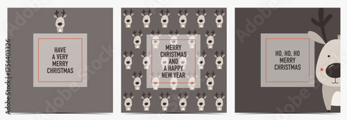 Merry Christmas, happy new year cute greeting card, poster, template, label set with adorable reindeer on dark gray background, vector illustration