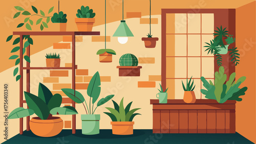 A corner of the room transformed into a plant oasis with floortoceiling shelves adorned with hanging plants and terra cotta pots.