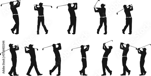 Black Silhouette Golfers Swinging Club, Set of Male Golf Player Vector Illustrations in Various Dynamic Poses