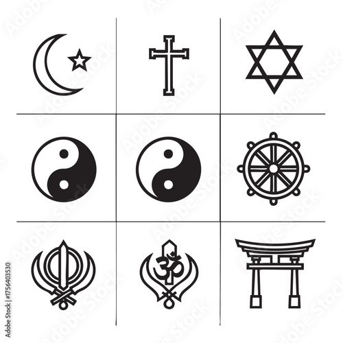 Wallpaper Mural Collection of nine religious and spiritual symbols in a grid format on a white background religion Torontodigital.ca