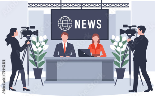 News studio broadcasting presentation with hosts