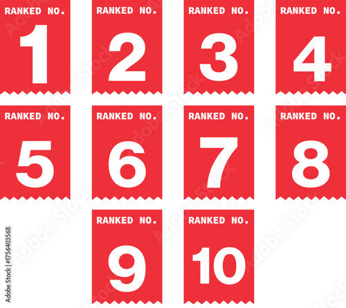 Red Ranked Number Badges 1 to 10 Vector Set | Flat Minimal Ranking Labels for Top List or Achievement