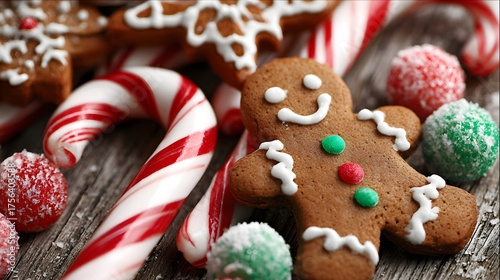 Festive gingerbread man surrounded by candy canes and colorful sugar-coated treats.
