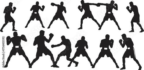 Boxer fighting silhouettes set, boxing sport, man sparring, punch action, training, fight competition, vector illustration