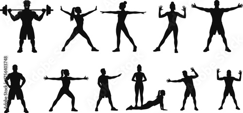 Fitness training silhouettes set, gym workout, yoga, stretching, barbell squat, full body exercise, vector illustration collection