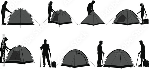 Camping tent setup silhouettes set, campers pitching tent, outdoor recreation, summer hiking adventure, vector illustration collection