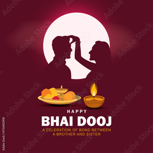 Happy Bhai Dooj Festival Illustration with Sister Applying Tika to Brother and Puja Thali