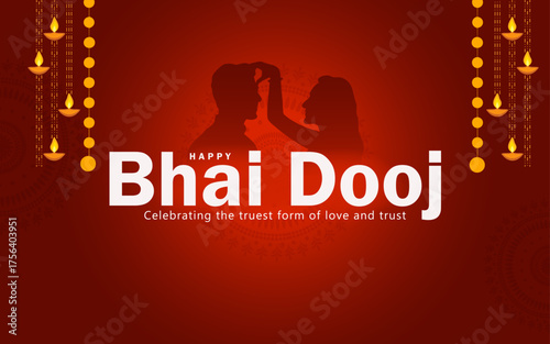 Happy Bhai Dooj Festival Illustration with Sister Applying Tika to Brother on Red Background