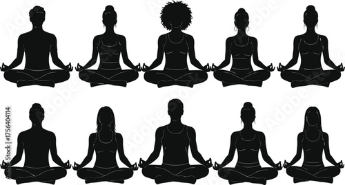 Meditation yoga silhouettes set, people practicing mindfulness, lotus pose, wellness, inner peace, vector illustration collection