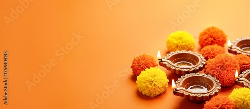 Clay oil lamps with lit wicks and marigold flowers on a bright orange background. Evokes diwali, the hindu festival of lights, and cultural celebrations