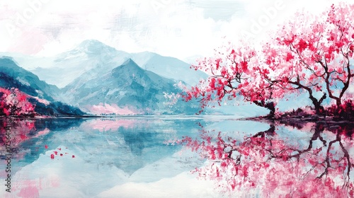 Delicate watercolor painting of cherry blossom trees by a serene lake in soft pastel tones, tranquil artistic landscape perfect for spring nature illustration and wall decor.