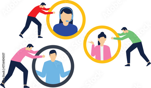 Employee mobility, job rotation, changing jobs or positions, human resources or employee management, two businessmen pushing employees in different directions

