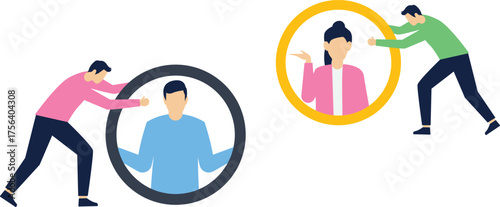 Employee mobility, job rotation, changing jobs or positions, human resources or employee management, two businessmen pushing employees in different directions

