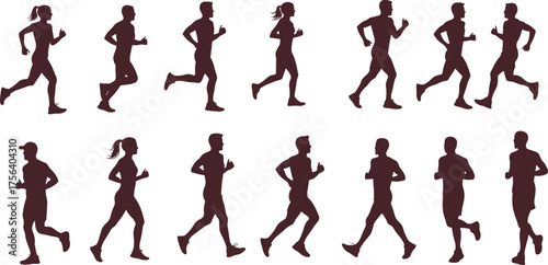 Runners and joggers silhouettes set, marathon running, fitness and sport, people exercising, vector illustration collection