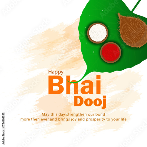 Happy Bhai Dooj Greeting Card with Tika and Betel Leaf Illustration