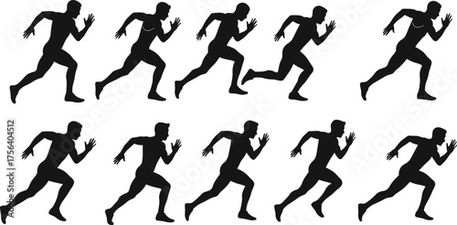 Set of Black Silhouette Running Men, Sprinter Athletes in Dynamic Movement, Vector Illustration for Sports and Fitness