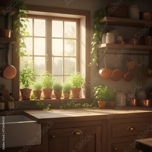Sunlit Farmhouse Kitchen with Herbs and Copper Cookware