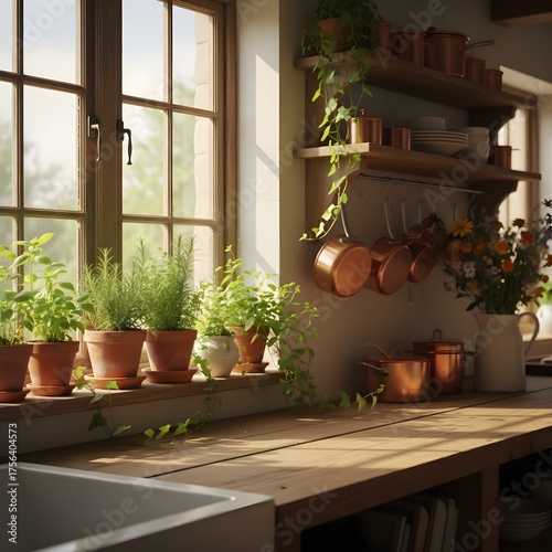Wooden Kitchen Design with Sunlit Window and Fresh Herbs
