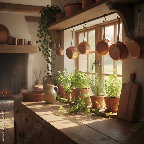 Rustic Home Kitchen with Copper Pots and Hanging Plants