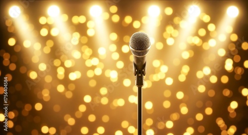 Microphone on a stand with bright spotlights and a blurred golden bokeh background. Evokes music, live performances, public speaking, and entertainment events