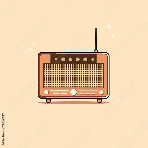 Vintage Radio Receiver with Antenna Vector Illustration Cartoon Design