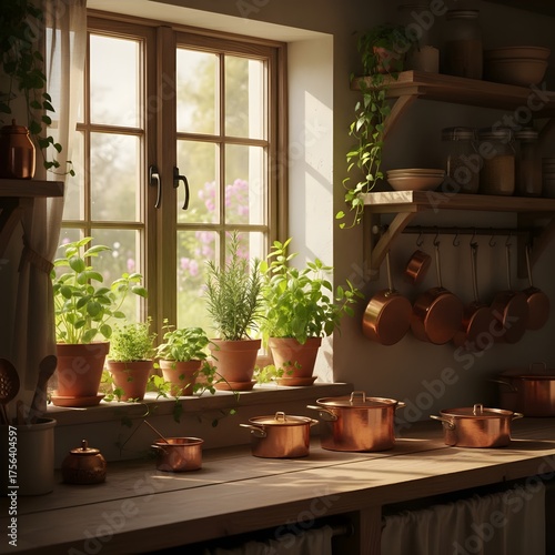 Farmhouse Kitchen Window with Potted Herbs and Warm Sunlight
