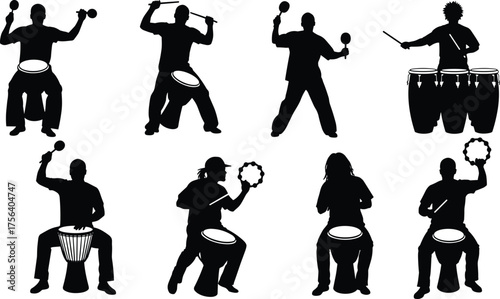 Set of Percussionist Silhouettes Playing Drums, Maracas, and Tambourines, Representing Music, Rhythm, Concert, and World Culture Vector Icons