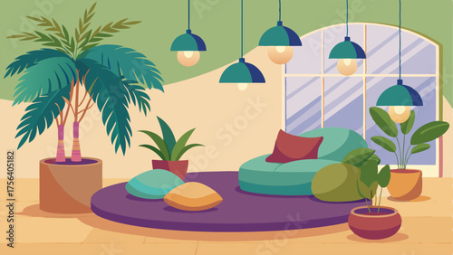 A cozy corner filled with floor cushions and poufs surrounded by tall potted palms and a hanging ivy plant.