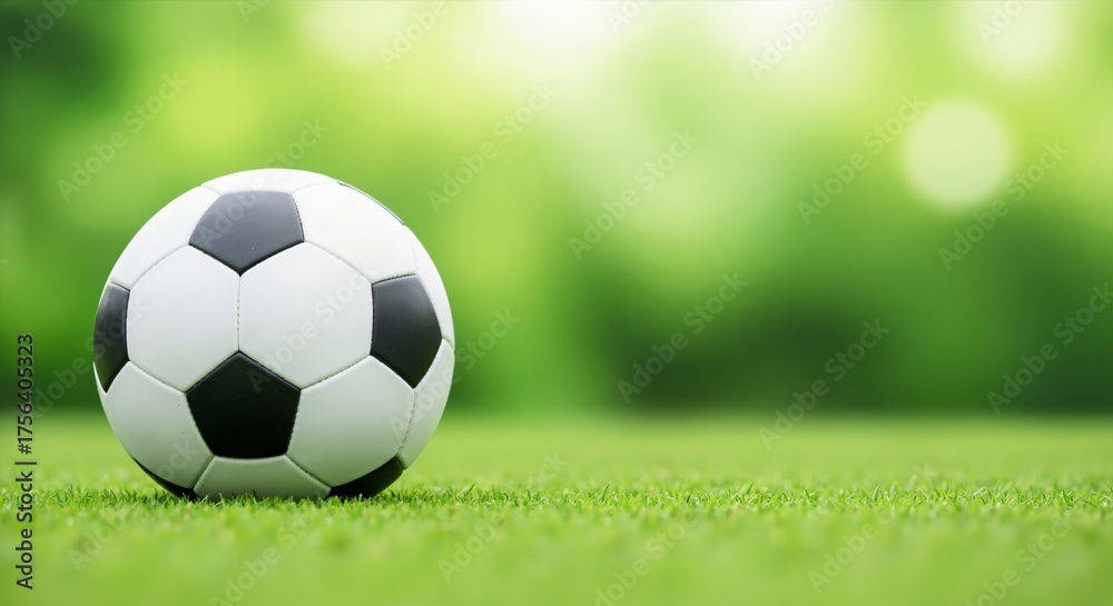Obraz premium Soccer ball on vibrant green grass with a blurred background. Represents the energy of sports, a game, and fitness activities for football league promotions and athletic content