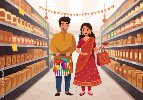 Indian couple shopping in grocery store, festive Diwali celebration, traditional attire, shopping cart, saree, kurta, holiday decorations, cultural festival illustration