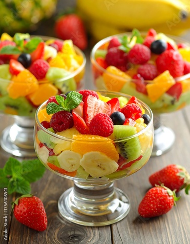 Colorful fruit salad served in elegant glass bowls