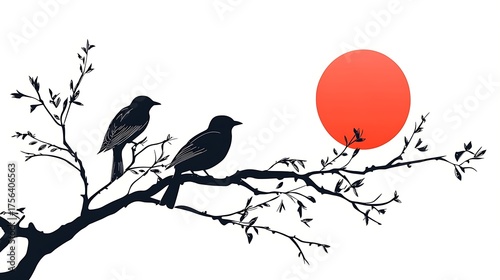 Two dark birds perched on a bare tree branch against a vibrant orange sun