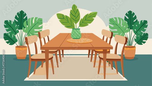 A dining room with a natural wood table and chairs adorned with tropical leaf placemats and a large statement plant centerpiece.