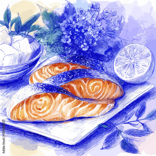 Smoked salmon on a plate with lemon and flowers in a watercolor style background
