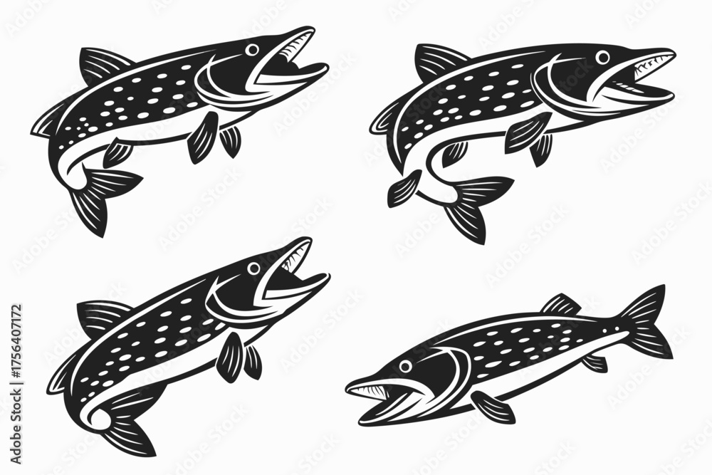 Fototapeta premium Minimalist pike fish icon set in black and color accents