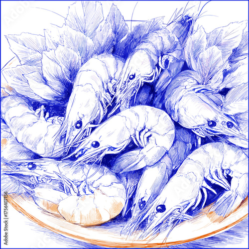 Shrimp arrangement on a plate with leaves in a detailed watercolor style