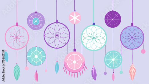A collection of pastelcolored dream catchers hanging from the ceiling.