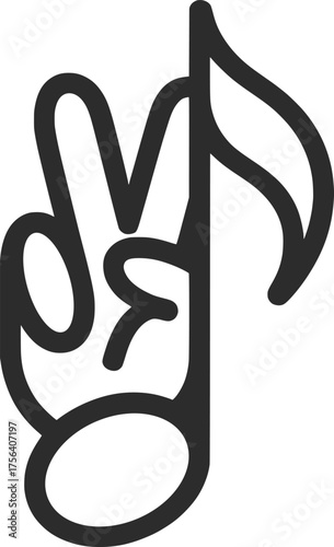 Peace Hand Music Note Symbol, Minimalist Line Art Design.