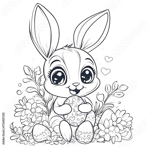 Cute cartoon easter bunny holding a decorated egg in a field of flowers and hearts